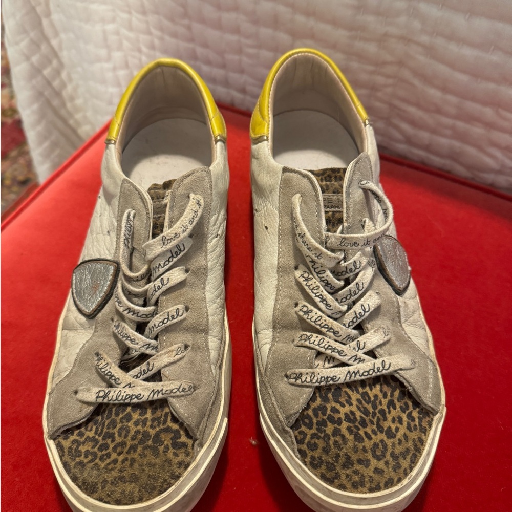 Philippe Model Women's White and Yellow Sneakers with Leopard Print